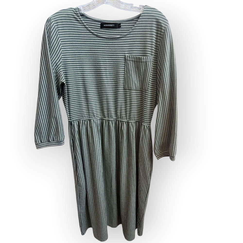 Merokeety Green Striped Long Sleeve‎ Dress